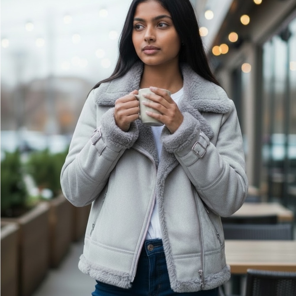Hollister Faux Shearling Moto Jacket in Silvery Gray